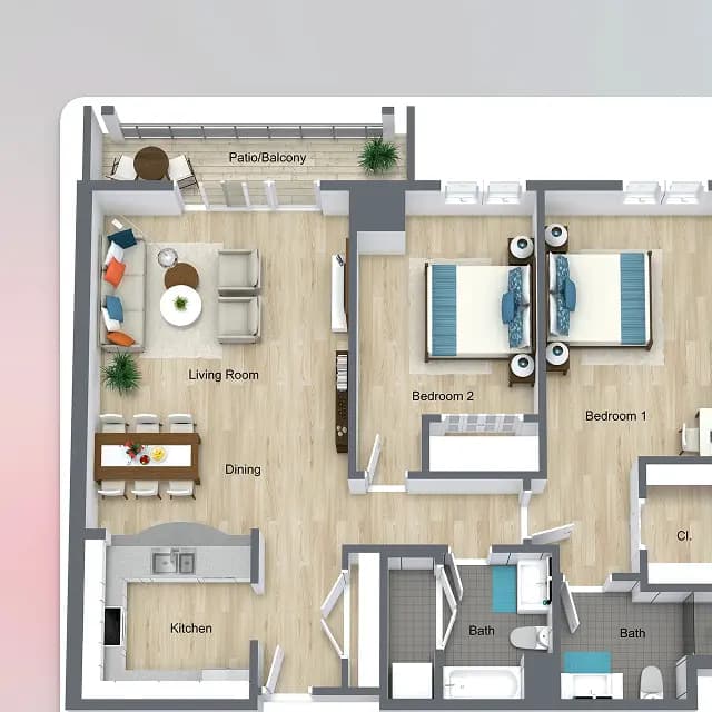 3D floor plan showing a modern apartment layout with living room, dining area, kitchen, two bedrooms, two bathrooms and a patio/balcony