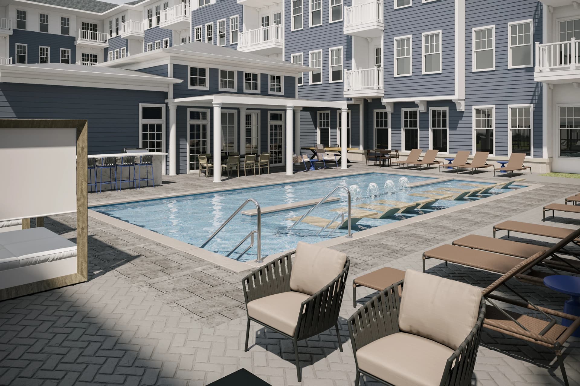 Resort-Style Pool Amenity - Inviting outdoor pool area with premium lounging spaces and architectural details for multi-family properties