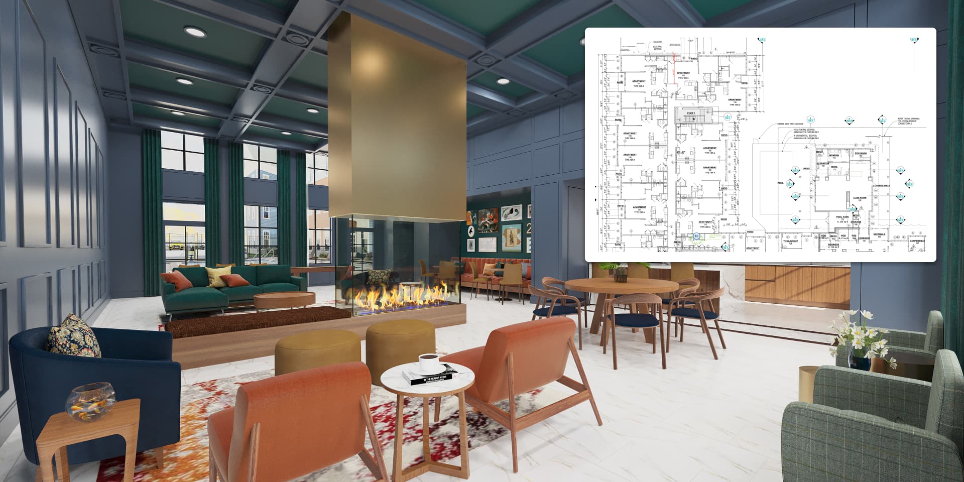 3D architectural rendering of a modern community space with high ceilings, fireplace feature, and stylish furniture, alongside a 2D floor plan showing the transformation from plans to reality