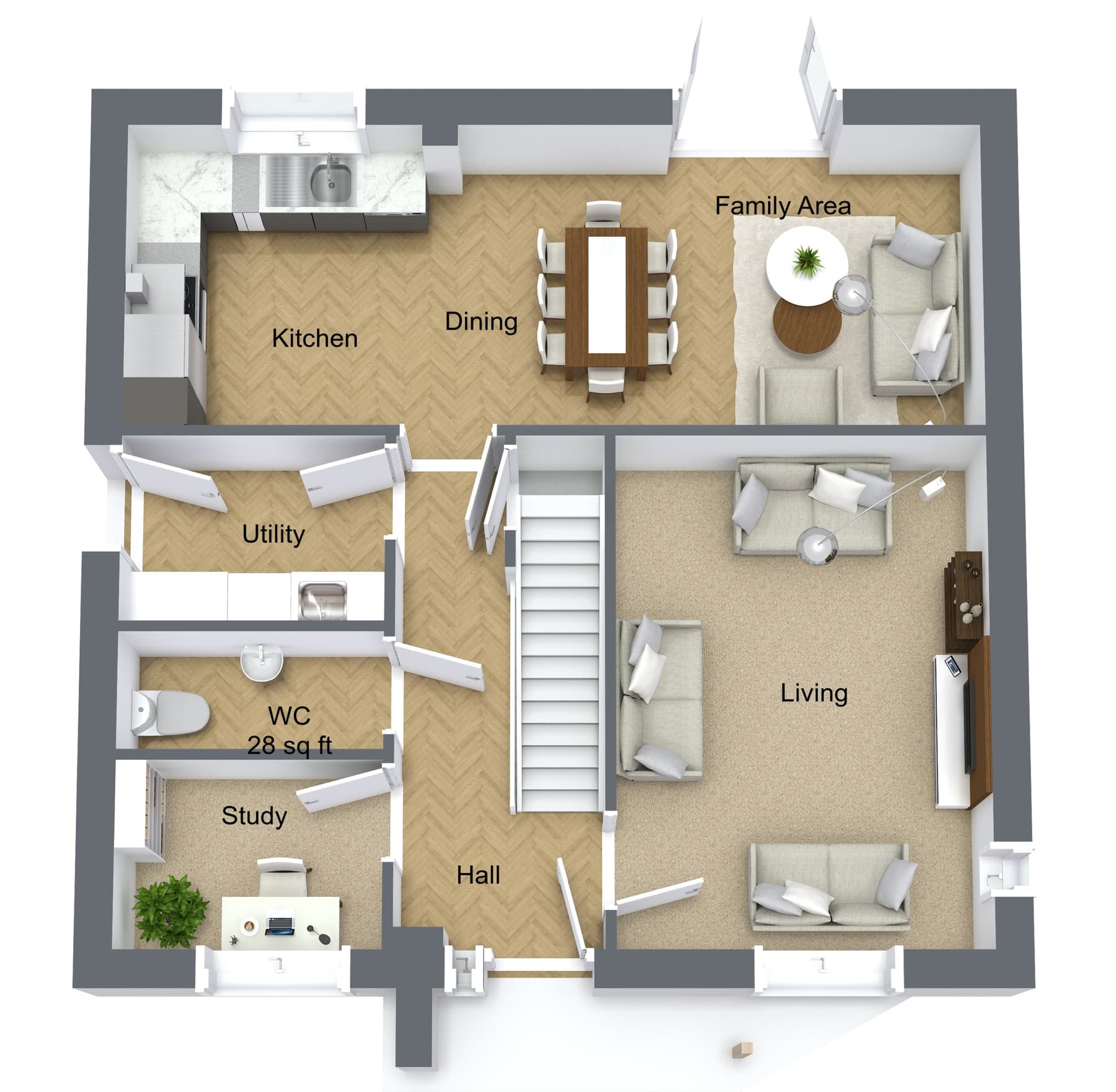 Modern Family Home - Detailed ground floor plan featuring open kitchen-dining area, separate living room, study, and utility spaces with realistic furniture placement