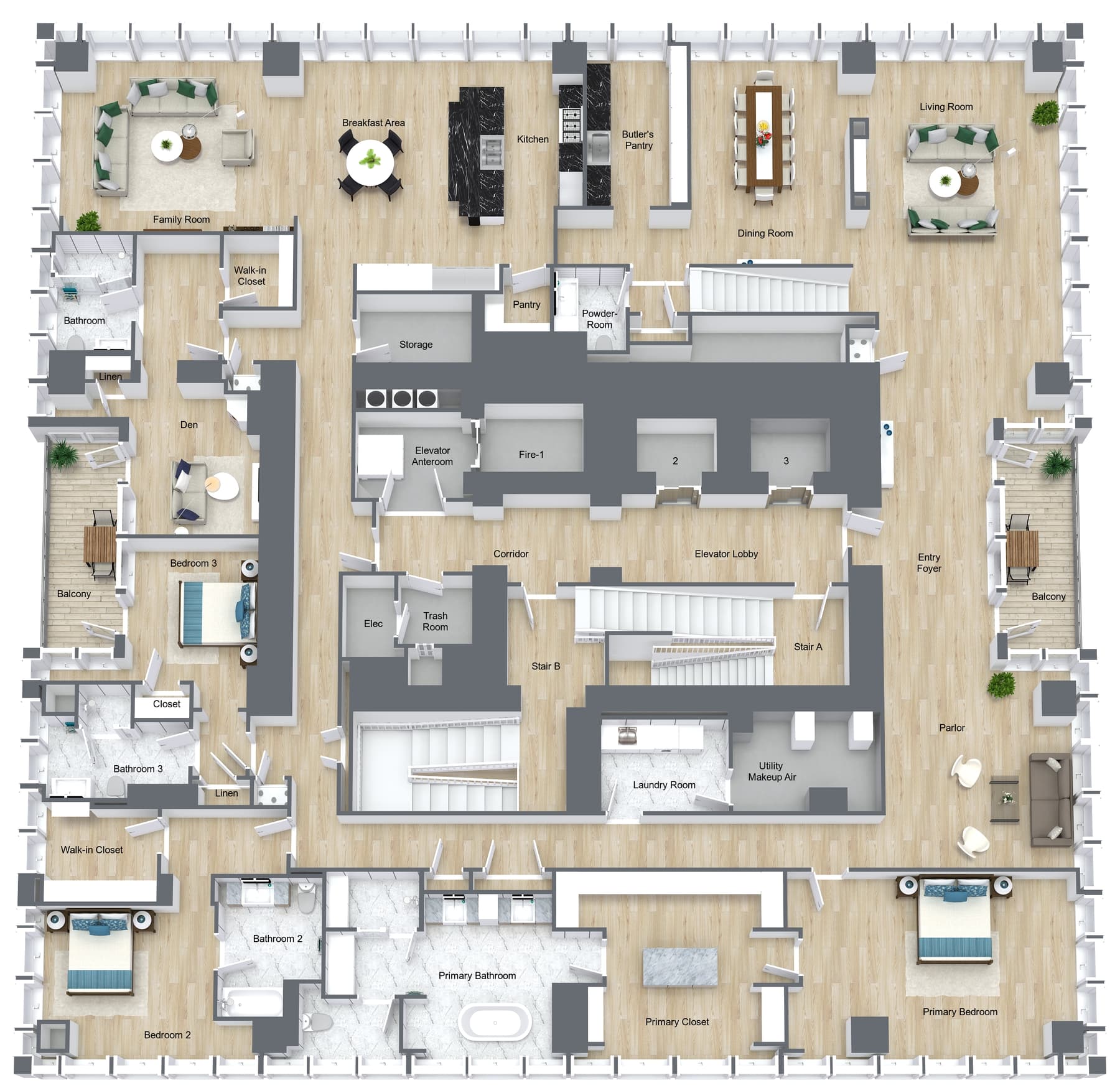 Luxury Penthouse Residence - Expansive high-end floor plan with multiple bedrooms, entertainment spaces, butler's pantry, and dual balconies perfect for luxury developments