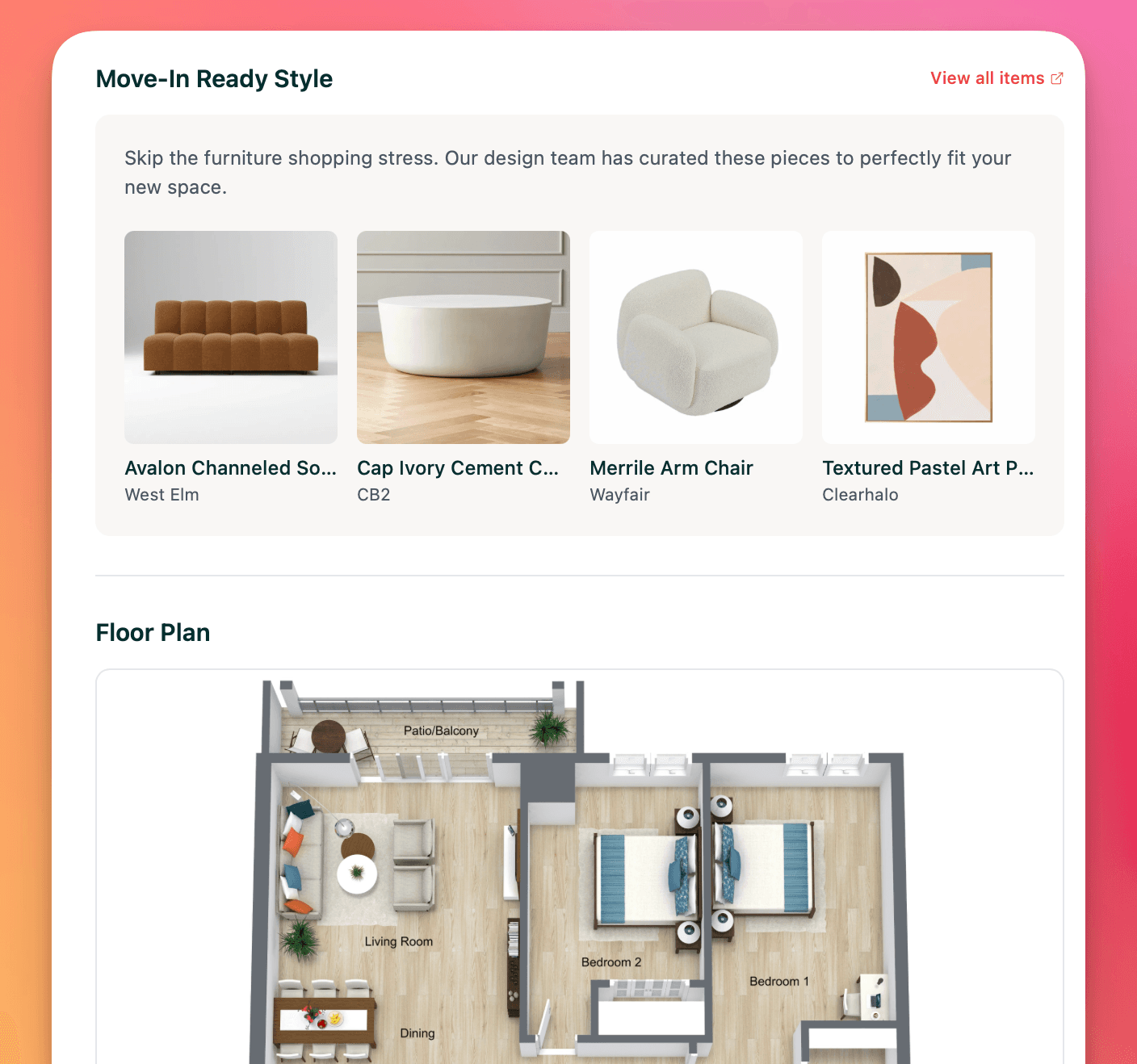 Floor plan resource page showing shoppable furniture items and a detailed 3D floor plan with labeled rooms