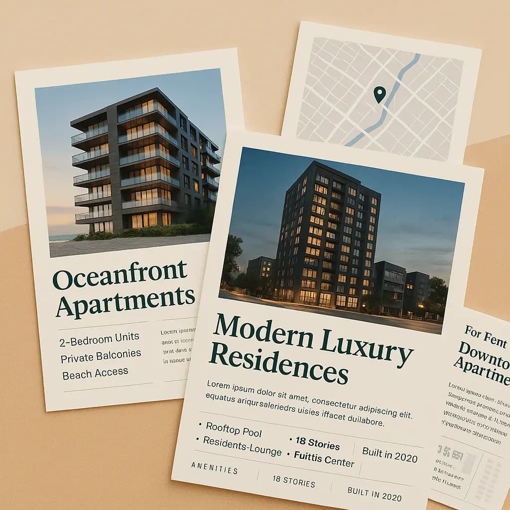 Comprehensive property brochures showing apartment marketing materials