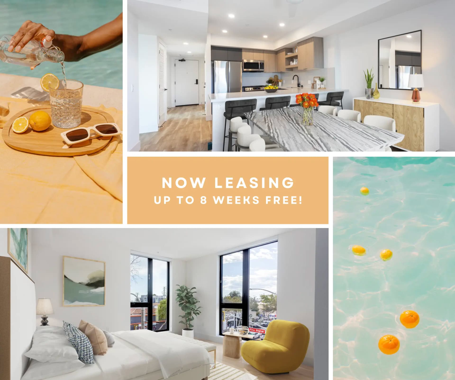 Now leasing promotional social media post with apartment interiors and lifestyle imagery